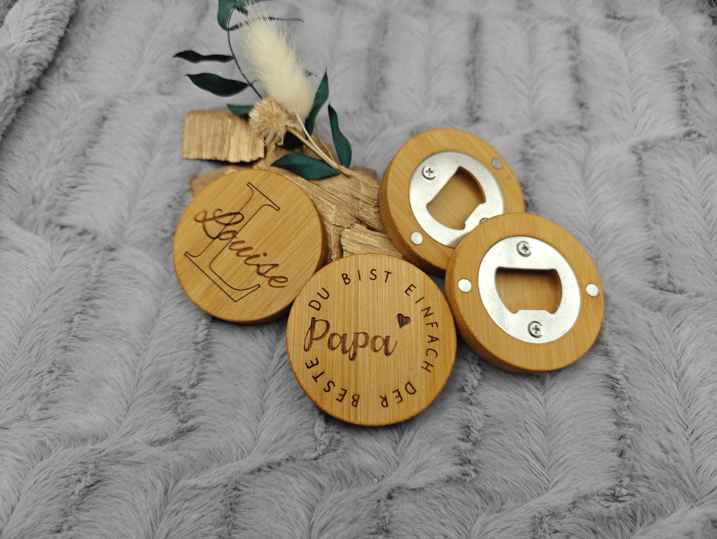 Flaschenöffner personalisiert rund aus Bambus mit individueller Gravur 58 mm Geschenk Geschenkidee