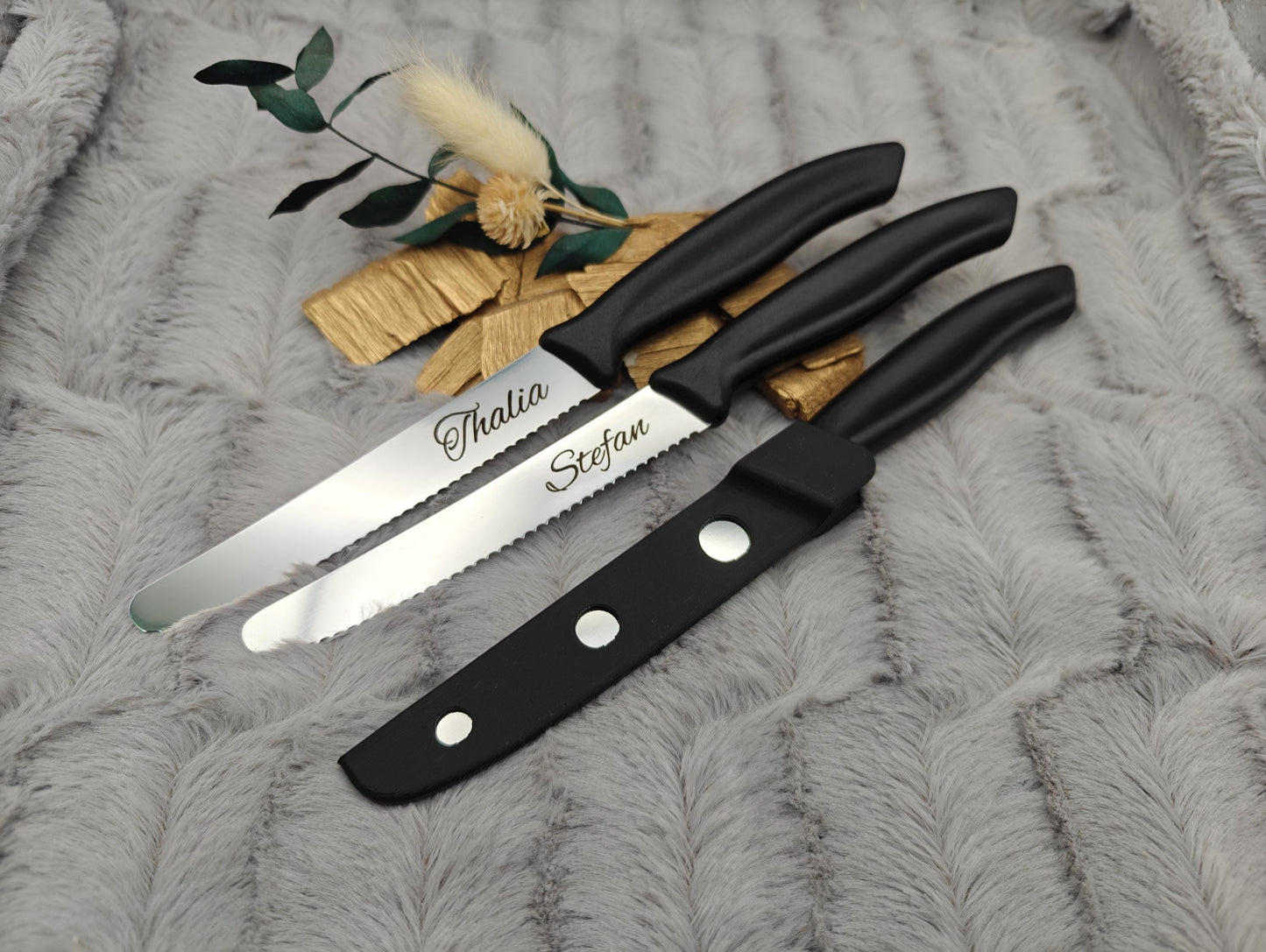 Personalisiertes Küchenmesser mit Gravur | Tomatenmesser Edelstahl 11 cm | Frühstücksmesser mit Name & 3D-gedruckten Klingenschutz