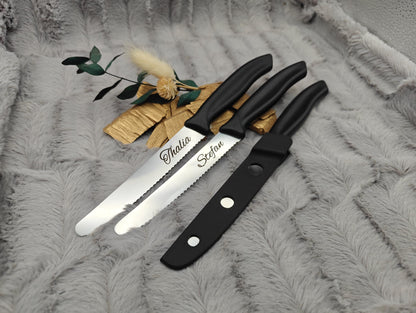 Personalisiertes Küchenmesser mit Gravur | Tomatenmesser Edelstahl 11 cm | Frühstücksmesser mit Name & 3D-gedruckten Klingenschutz