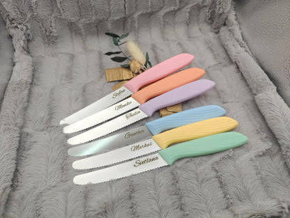Personalisiertes Messer Pastell mit Gravur | Scharfes Brötchenmesser & Tomatenmesser | Küchenmesser| Optional mit Klingenschutz