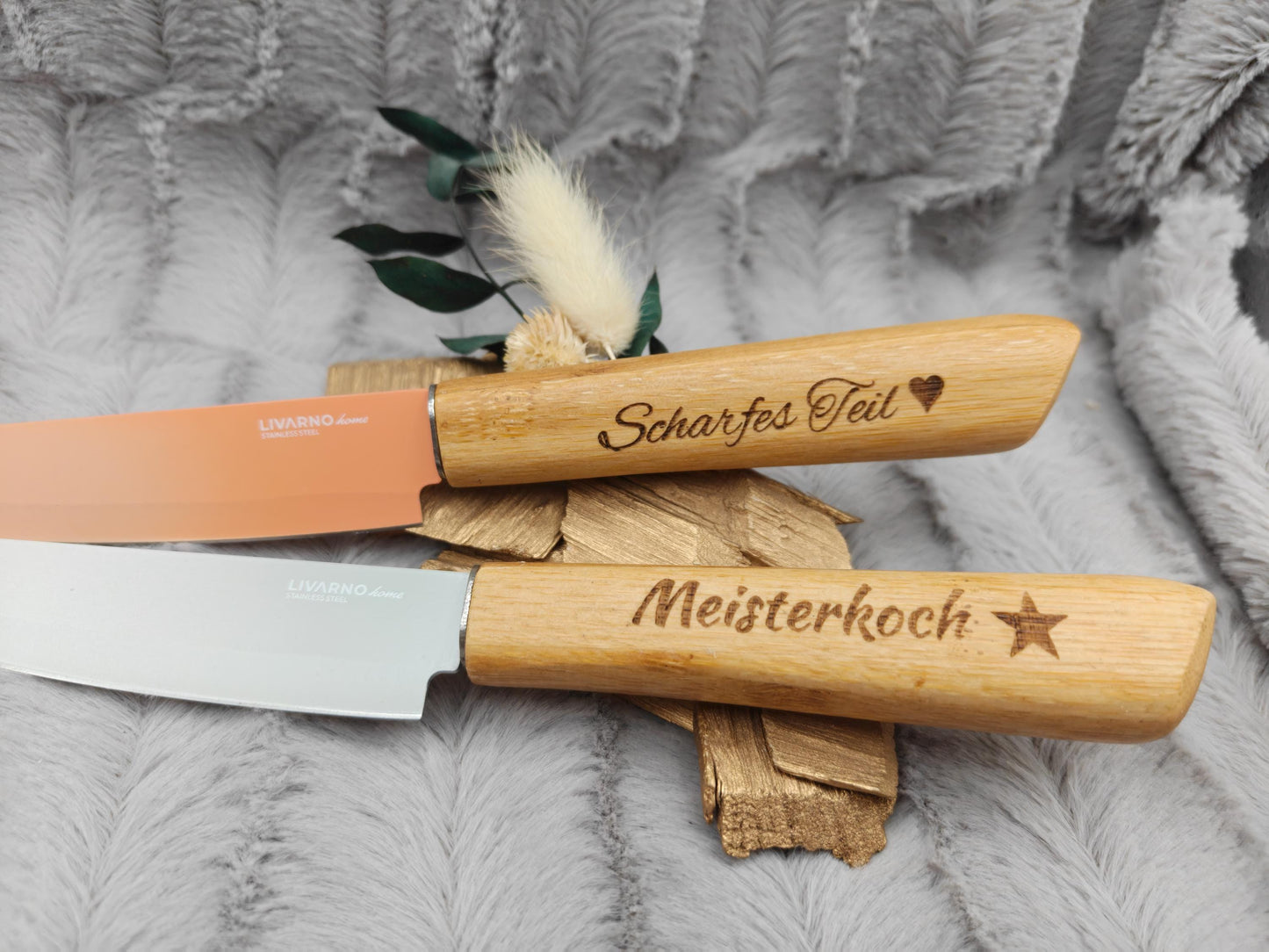 Personalisiertes Gemüsemesser-Set 2-teilig | Bambus-Griff mit Gravur | Obstmesser mit Name | Küchengeschenk Duo | 12,5 cm Klinge