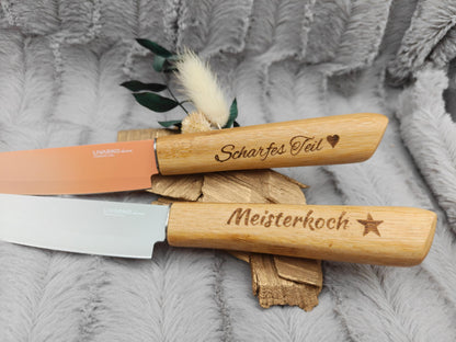 Personalisiertes Gemüsemesser-Set 2-teilig | Bambus-Griff mit Gravur | Obstmesser mit Name | Küchengeschenk Duo | 12,5 cm Klinge