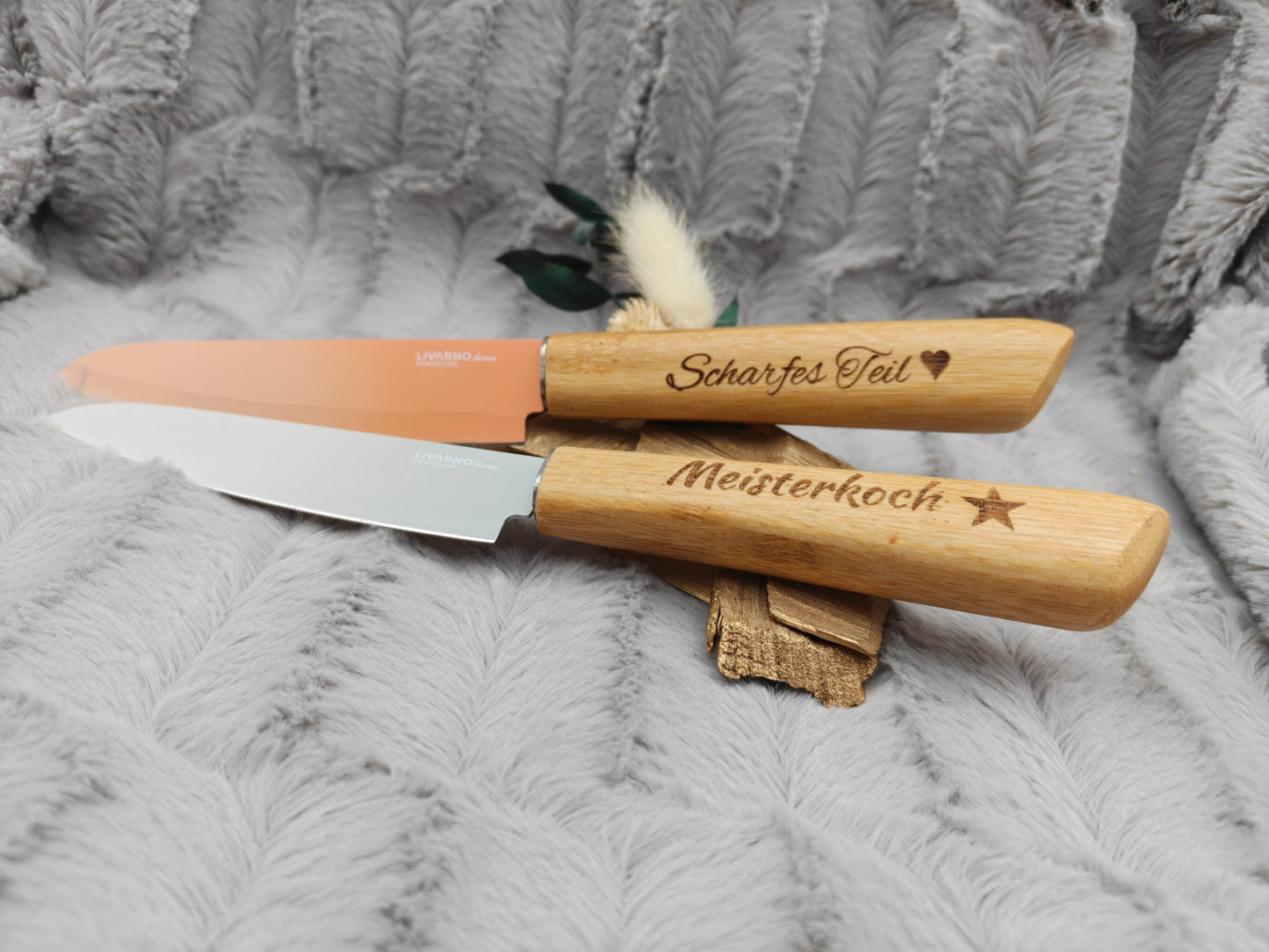 Personalisiertes Gemüsemesser-Set 2-teilig | Bambus-Griff mit Gravur | Obstmesser mit Name | Küchengeschenk Duo | 12,5 cm Klinge