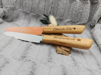 Personalisiertes Gemüsemesser-Set 2-teilig | Bambus-Griff mit Gravur | Obstmesser mit Name | Küchengeschenk Duo | 12,5 cm Klinge