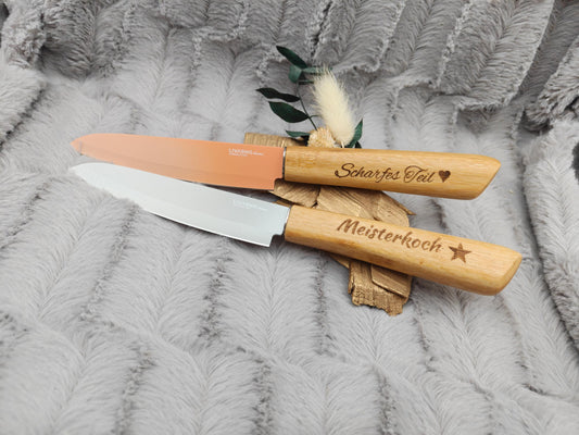 Personalisiertes Gemüsemesser-Set 2-teilig | Bambus-Griff mit Gravur | Obstmesser mit Name | Küchengeschenk Duo | 12,5 cm Klinge