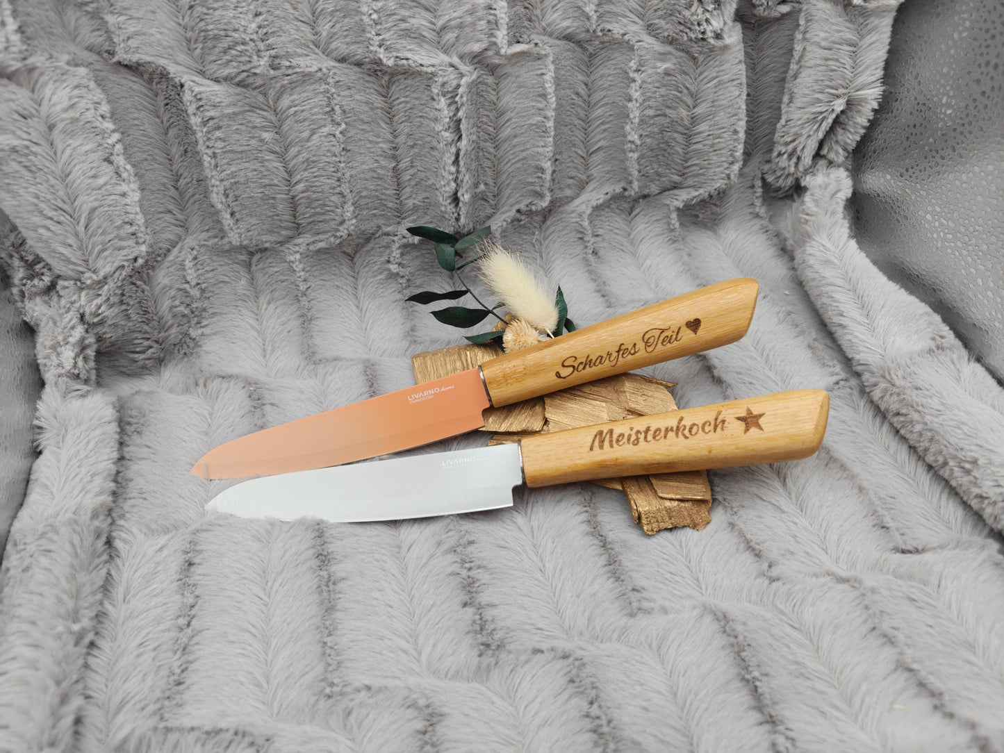 Personalisiertes Gemüsemesser-Set 2-teilig | Bambus-Griff mit Gravur | Obstmesser mit Name | Küchengeschenk Duo | 12,5 cm Klinge