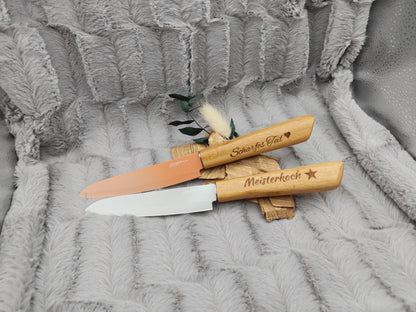 Personalisiertes Gemüsemesser-Set 2-teilig | Bambus-Griff mit Gravur | Obstmesser mit Name | Küchengeschenk Duo | 12,5 cm Klinge