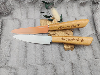 Personalisiertes Gemüsemesser-Set 2-teilig | Bambus-Griff mit Gravur | Obstmesser mit Name | Küchengeschenk Duo | 12,5 cm Klinge