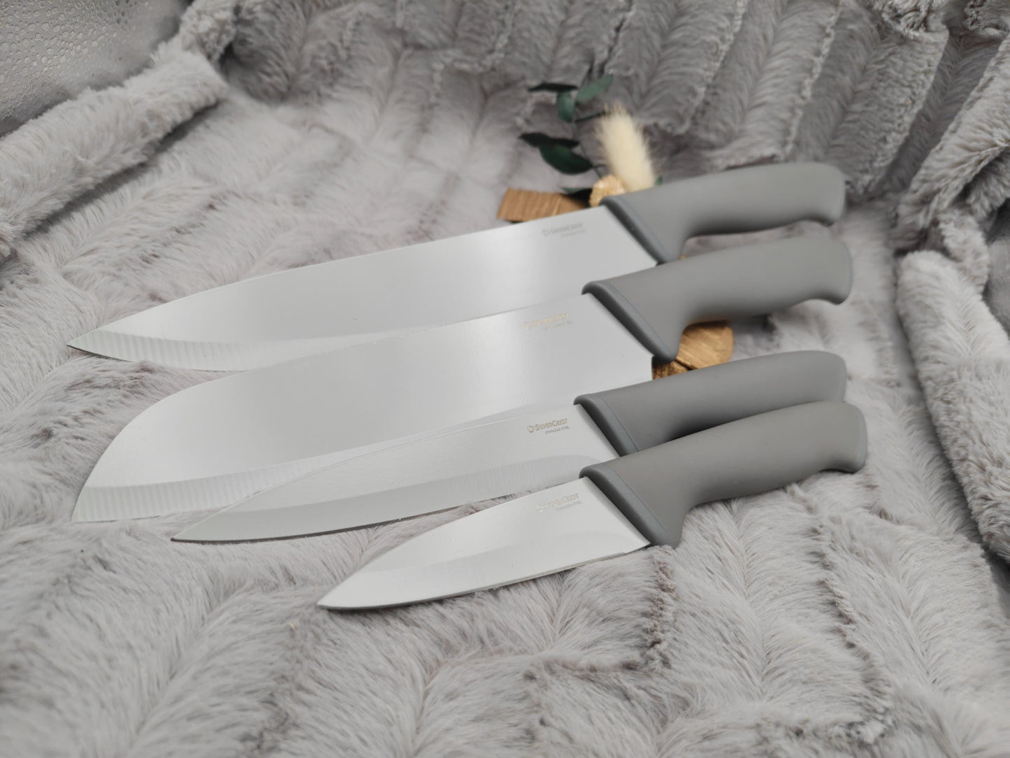 Personalisiertes Messerset 4-teilig grau mit Gravur | Kochmesser Santoku Küchenmesser Gemüsemesser | Edelstahl | Einzug & Hochzeit