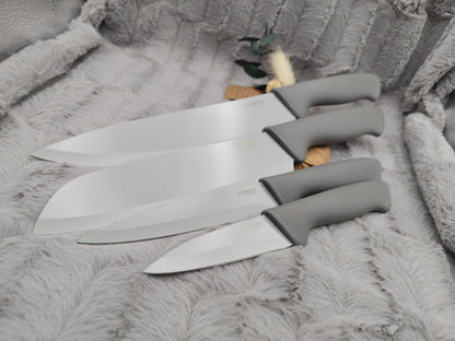 Personalisiertes Messerset 4-teilig grau mit Gravur | Kochmesser Santoku Küchenmesser Gemüsemesser | Edelstahl | Einzug & Hochzeit