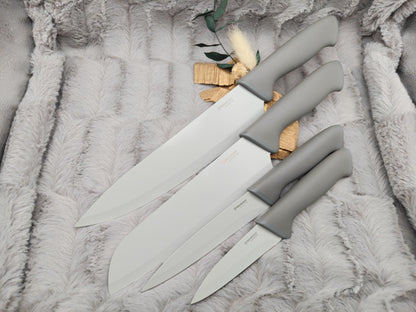 Personalisiertes Messerset 4-teilig grau mit Gravur | Kochmesser Santoku Küchenmesser Gemüsemesser | Edelstahl | Einzug & Hochzeit