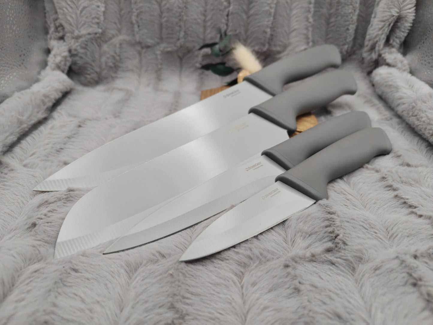 Personalisiertes Messerset 4-teilig grau mit Gravur | Kochmesser Santoku Küchenmesser Gemüsemesser | Edelstahl | Einzug & Hochzeit