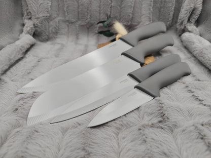 Personalisiertes Messerset 4-teilig grau mit Gravur | Kochmesser Santoku Küchenmesser Gemüsemesser | Edelstahl | Einzug & Hochzeit