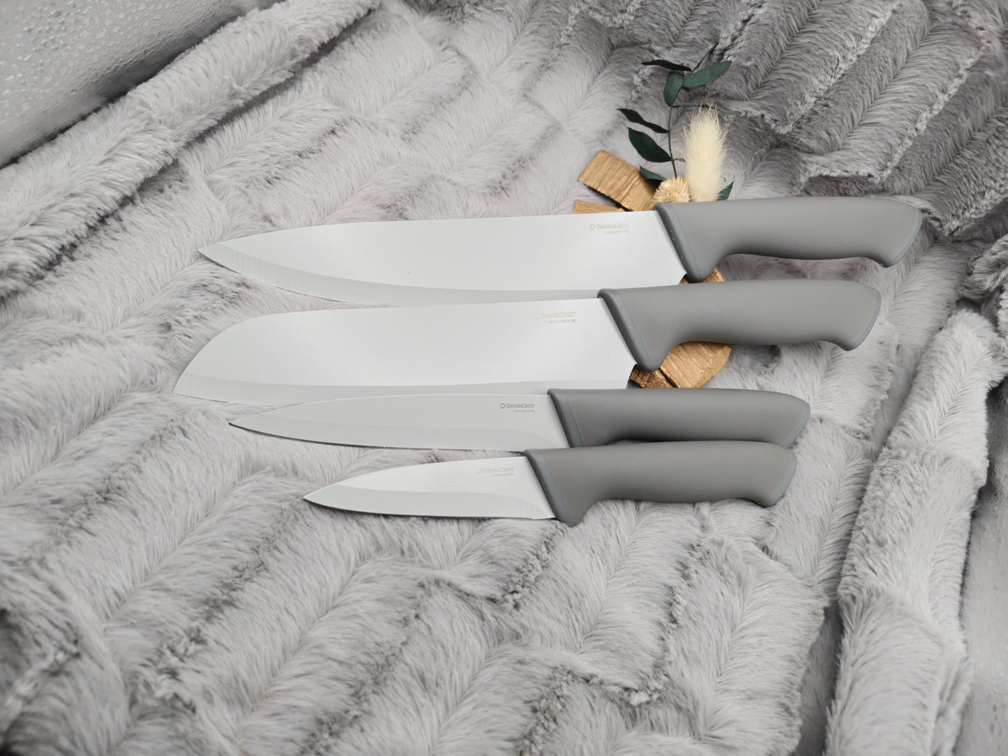 Personalisiertes Messerset 4-teilig grau mit Gravur | Kochmesser Santoku Küchenmesser Gemüsemesser | Edelstahl | Einzug & Hochzeit