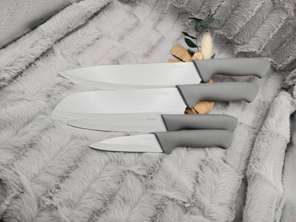 Personalisiertes Messerset 4-teilig grau mit Gravur | Kochmesser Santoku Küchenmesser Gemüsemesser | Edelstahl | Einzug & Hochzeit