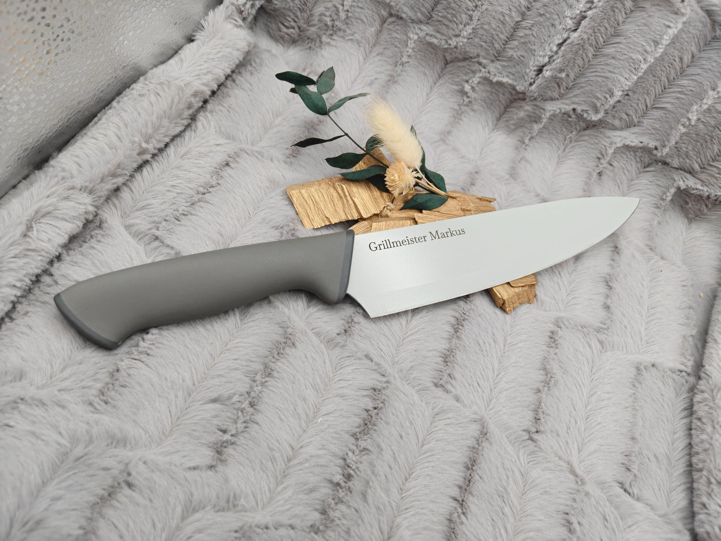Personalisiertes Messerset 4-teilig grau mit Gravur | Kochmesser Santoku Küchenmesser Gemüsemesser | Edelstahl | Einzug & Hochzeit