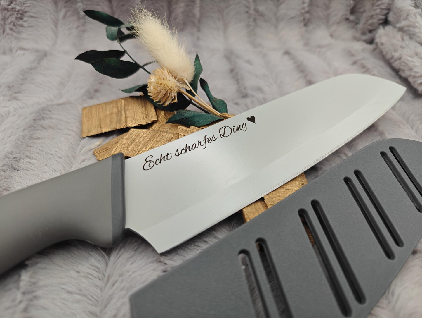 Personalisiertes Messerset 4-teilig grau mit Gravur | Kochmesser Santoku Küchenmesser Gemüsemesser | Edelstahl | Einzug & Hochzeit