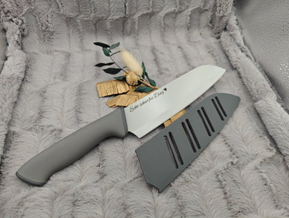Personalisiertes Messerset 4-teilig grau mit Gravur | Kochmesser Santoku Küchenmesser Gemüsemesser | Edelstahl | Einzug & Hochzeit