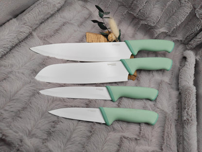 Personalisiertes Messerset 4-teilig Mintgrün mit Gravur | Kochmesser Santoku Küchenmesser Gemüsemesser | Edelstahl | Einzug & Hochzeit