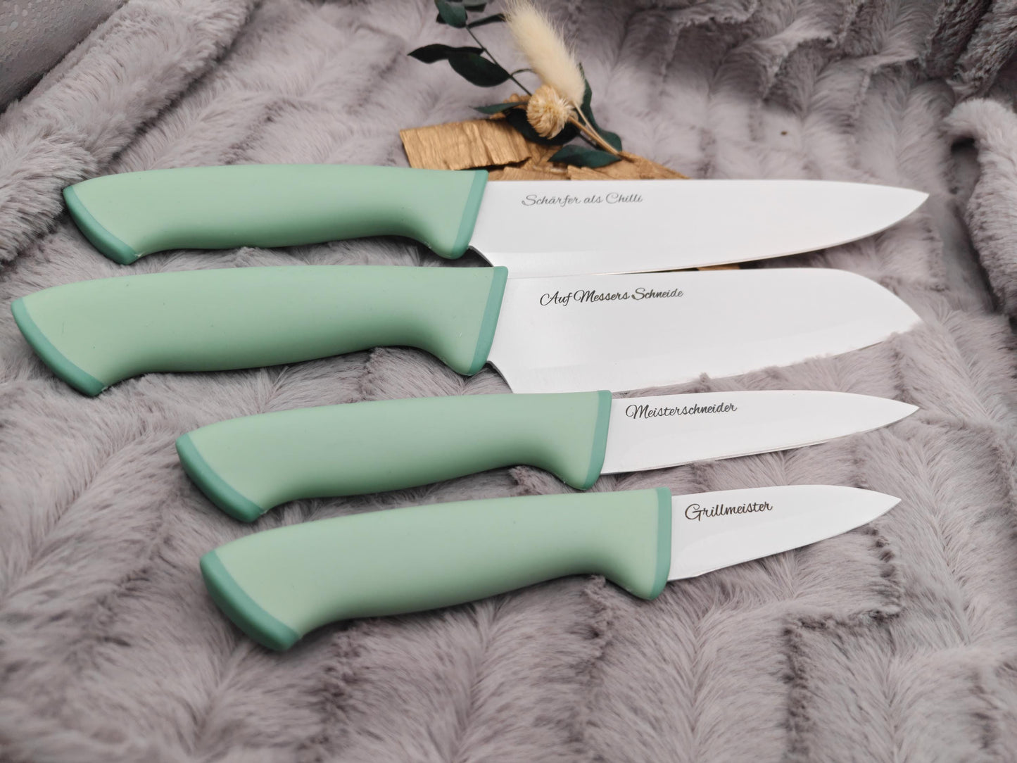 Personalisiertes Messerset 4-teilig Mintgrün mit Gravur | Kochmesser Santoku Küchenmesser Gemüsemesser | Edelstahl | Einzug & Hochzeit