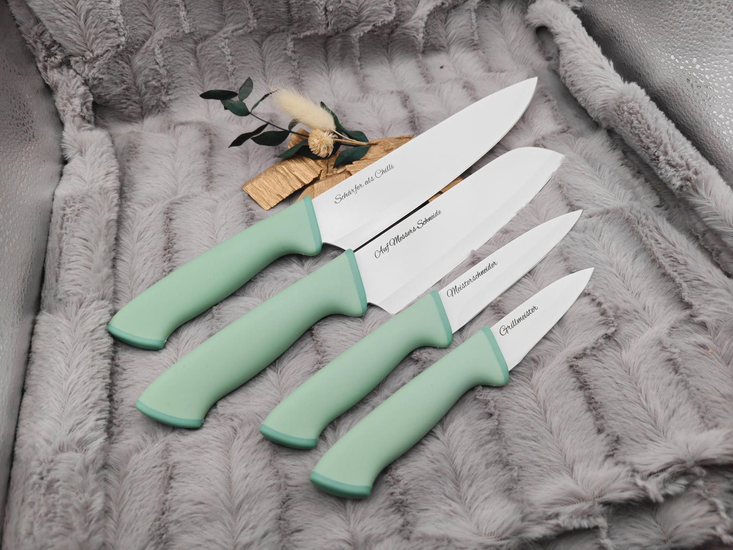 Personalisiertes Messerset 4-teilig Mintgrün mit Gravur | Kochmesser Santoku Küchenmesser Gemüsemesser | Edelstahl | Einzug & Hochzeit