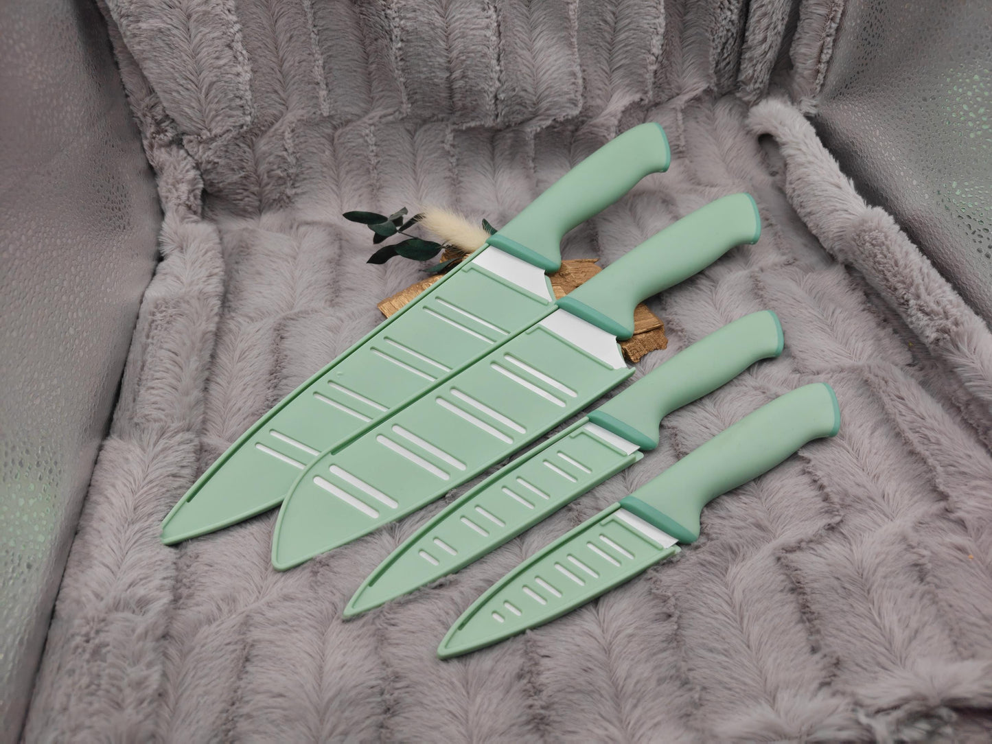 Personalisiertes Messerset 4-teilig Mintgrün mit Gravur | Kochmesser Santoku Küchenmesser Gemüsemesser | Edelstahl | Einzug & Hochzeit