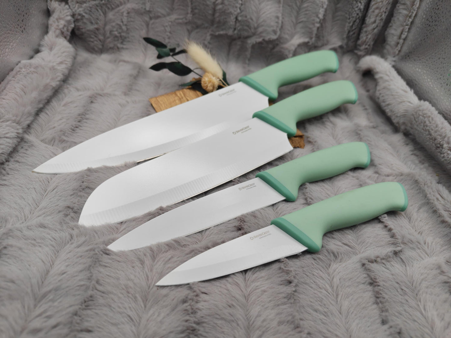Personalisiertes Messerset 4-teilig Mintgrün mit Gravur | Kochmesser Santoku Küchenmesser Gemüsemesser | Edelstahl | Einzug & Hochzeit
