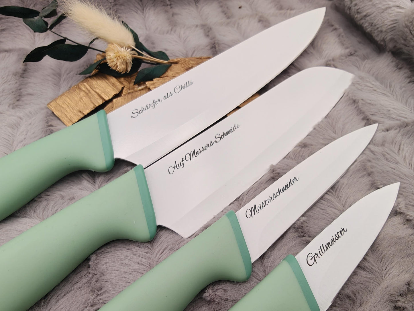 Personalisiertes Messerset 4-teilig Mintgrün mit Gravur | Kochmesser Santoku Küchenmesser Gemüsemesser | Edelstahl | Einzug & Hochzeit