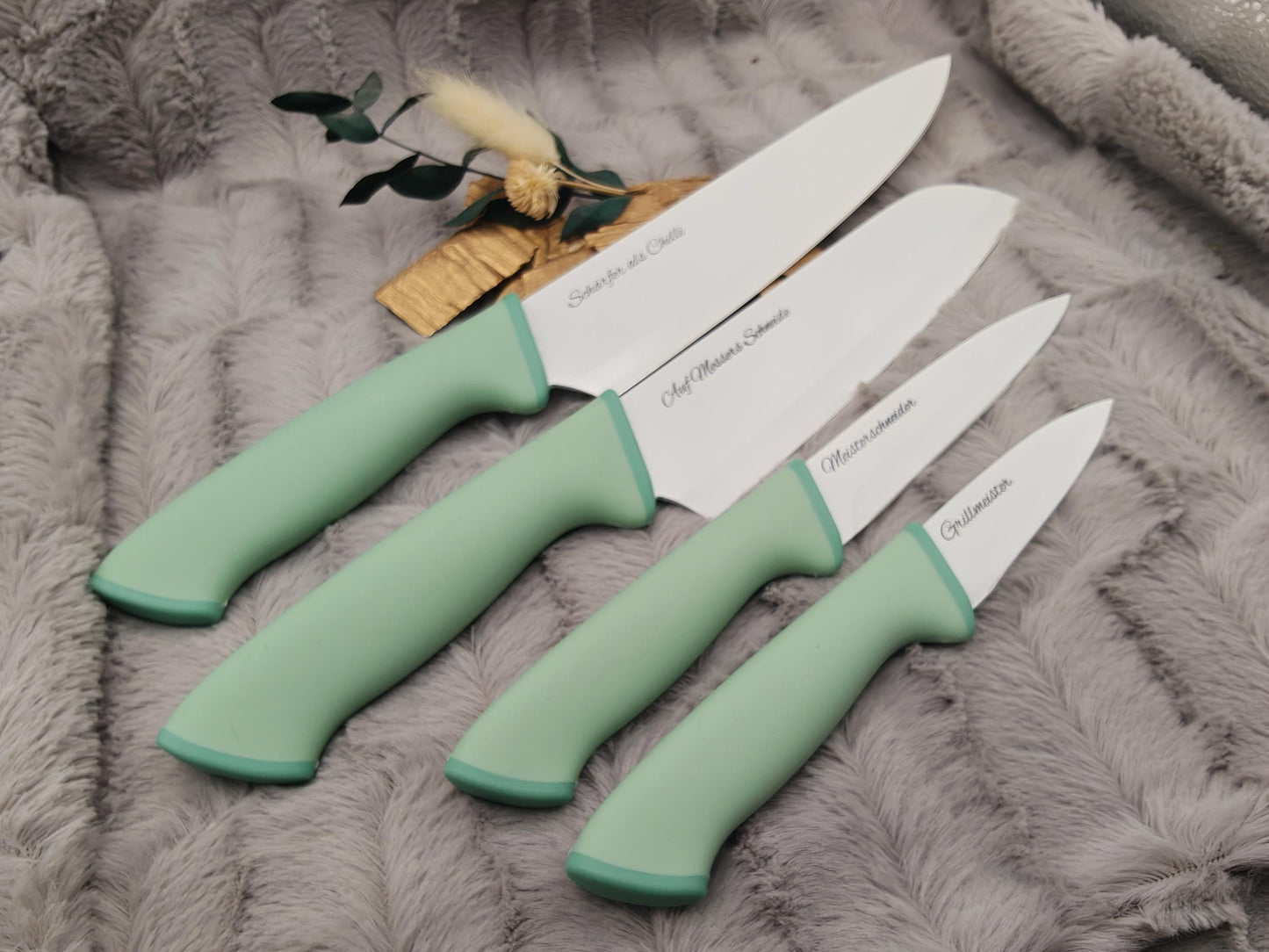 Personalisiertes Messerset 4-teilig Mintgrün mit Gravur | Kochmesser Santoku Küchenmesser Gemüsemesser | Edelstahl | Einzug & Hochzeit