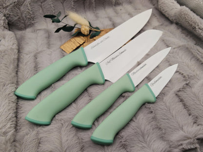 Personalisiertes Messerset 4-teilig Mintgrün mit Gravur | Kochmesser Santoku Küchenmesser Gemüsemesser | Edelstahl | Einzug & Hochzeit