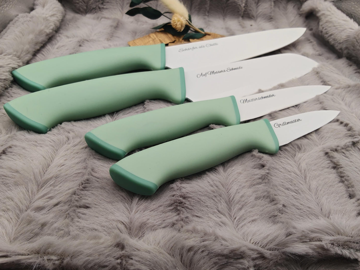 Personalisiertes Messerset 4-teilig Mintgrün mit Gravur | Kochmesser Santoku Küchenmesser Gemüsemesser | Edelstahl | Einzug & Hochzeit
