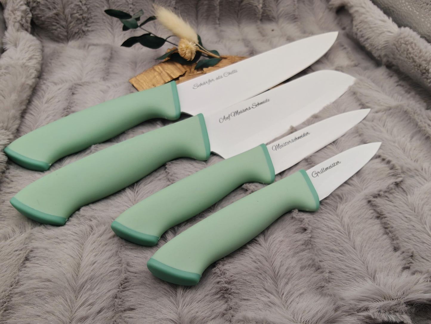 Personalisiertes Messerset 4-teilig Mintgrün mit Gravur | Kochmesser Santoku Küchenmesser Gemüsemesser | Edelstahl | Einzug & Hochzeit