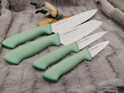 Personalisiertes Messerset 4-teilig Mintgrün mit Gravur | Kochmesser Santoku Küchenmesser Gemüsemesser | Edelstahl | Einzug & Hochzeit