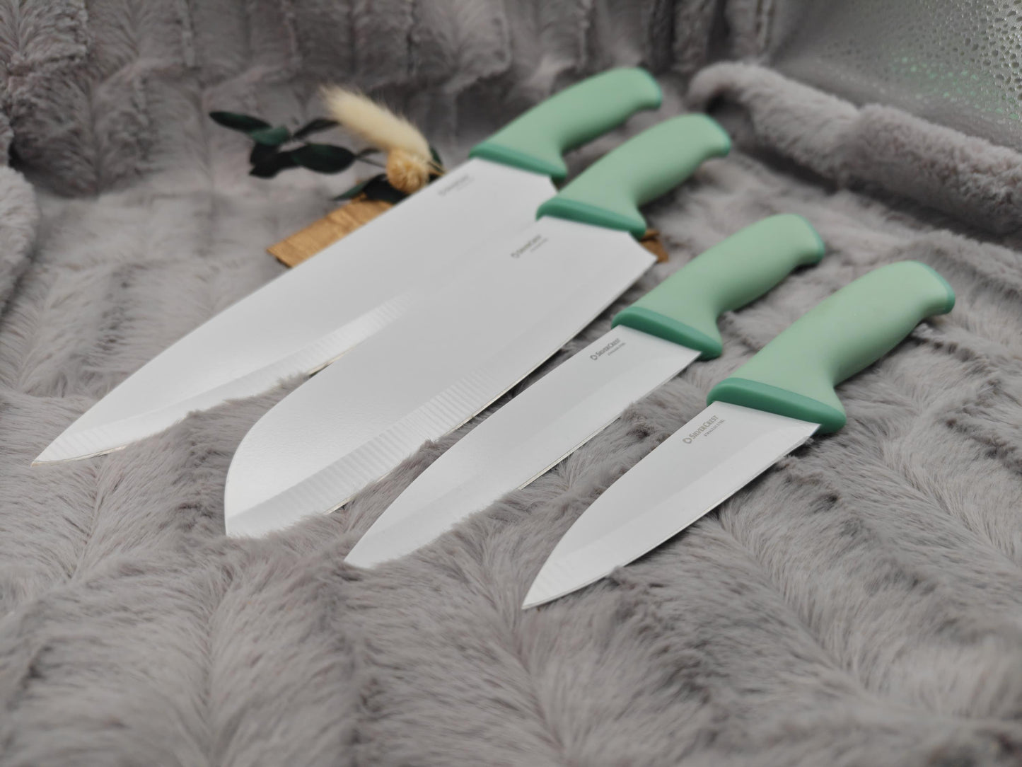 Personalisiertes Messerset 4-teilig Mintgrün mit Gravur | Kochmesser Santoku Küchenmesser Gemüsemesser | Edelstahl | Einzug & Hochzeit