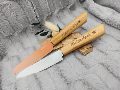 Personalisiertes Gemüsemesser-Set 2-teilig | Bambus-Griff mit Gravur | Obstmesser mit Name | Küchengeschenk Duo | 12,5 cm Klinge