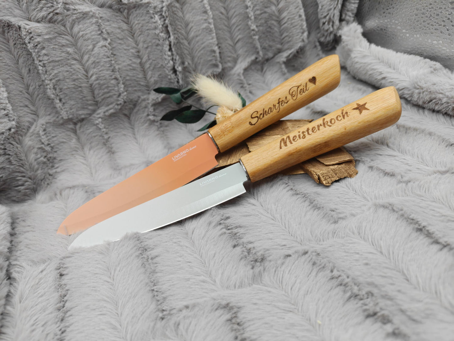 Personalisiertes Gemüsemesser-Set 2-teilig | Bambus-Griff mit Gravur | Obstmesser mit Name | Küchengeschenk Duo | 12,5 cm Klinge