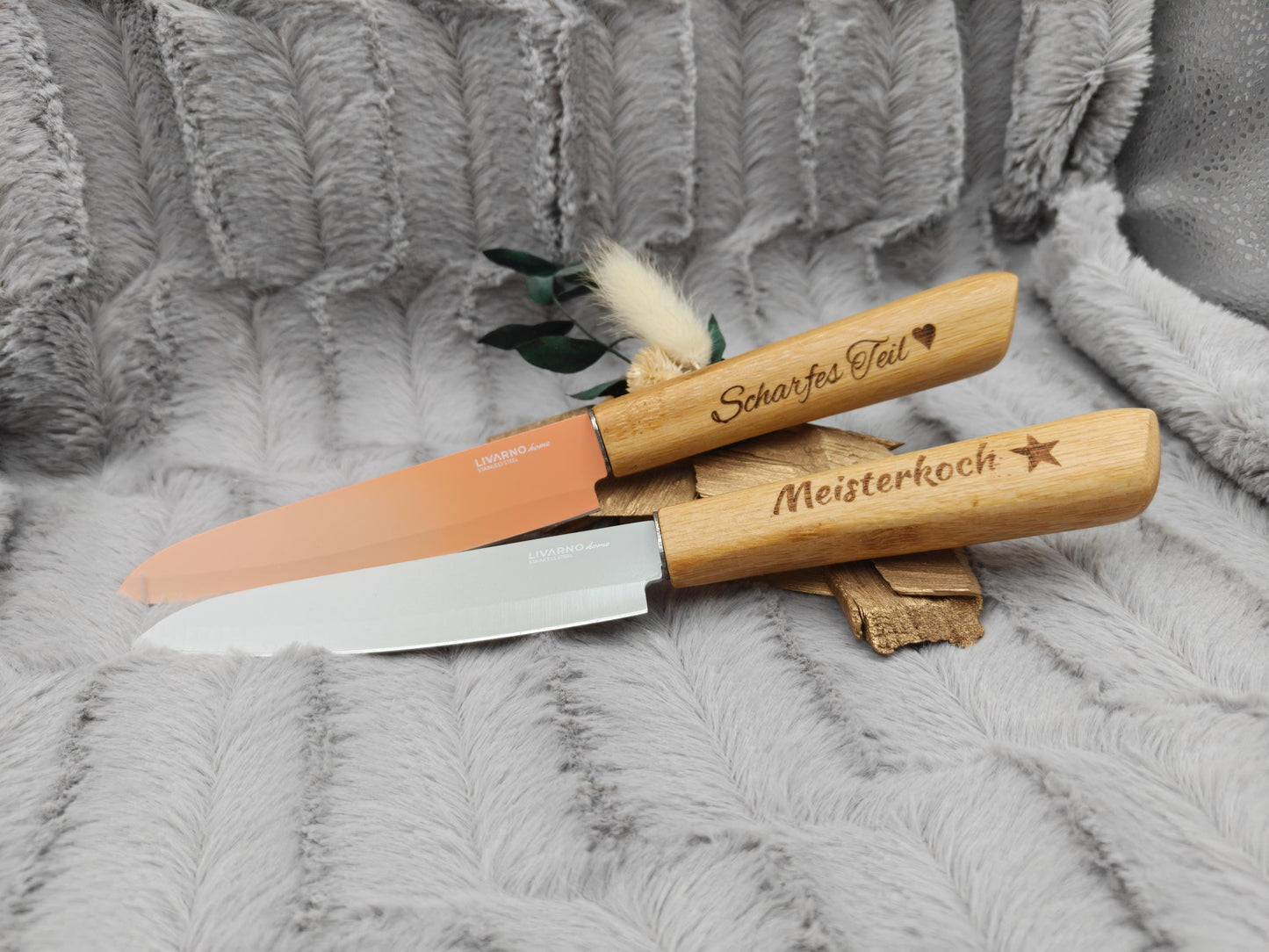 Personalisiertes Gemüsemesser-Set 2-teilig | Bambus-Griff mit Gravur | Obstmesser mit Name | Küchengeschenk Duo | 12,5 cm Klinge
