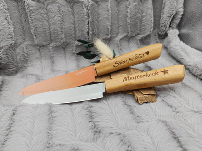 Personalisiertes Gemüsemesser-Set 2-teilig | Bambus-Griff mit Gravur | Obstmesser mit Name | Küchengeschenk Duo | 12,5 cm Klinge