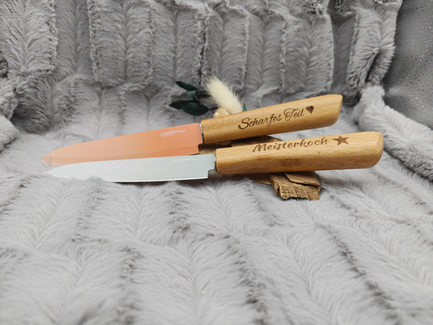 Personalisiertes Gemüsemesser-Set 2-teilig | Bambus-Griff mit Gravur | Obstmesser mit Name | Küchengeschenk Duo | 12,5 cm Klinge