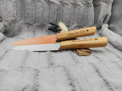 Personalisiertes Gemüsemesser-Set 2-teilig | Bambus-Griff mit Gravur | Obstmesser mit Name | Küchengeschenk Duo | 12,5 cm Klinge