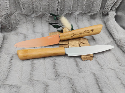 Personalisiertes Gemüsemesser-Set 2-teilig | Bambus-Griff mit Gravur | Obstmesser mit Name | Küchengeschenk Duo | 12,5 cm Klinge