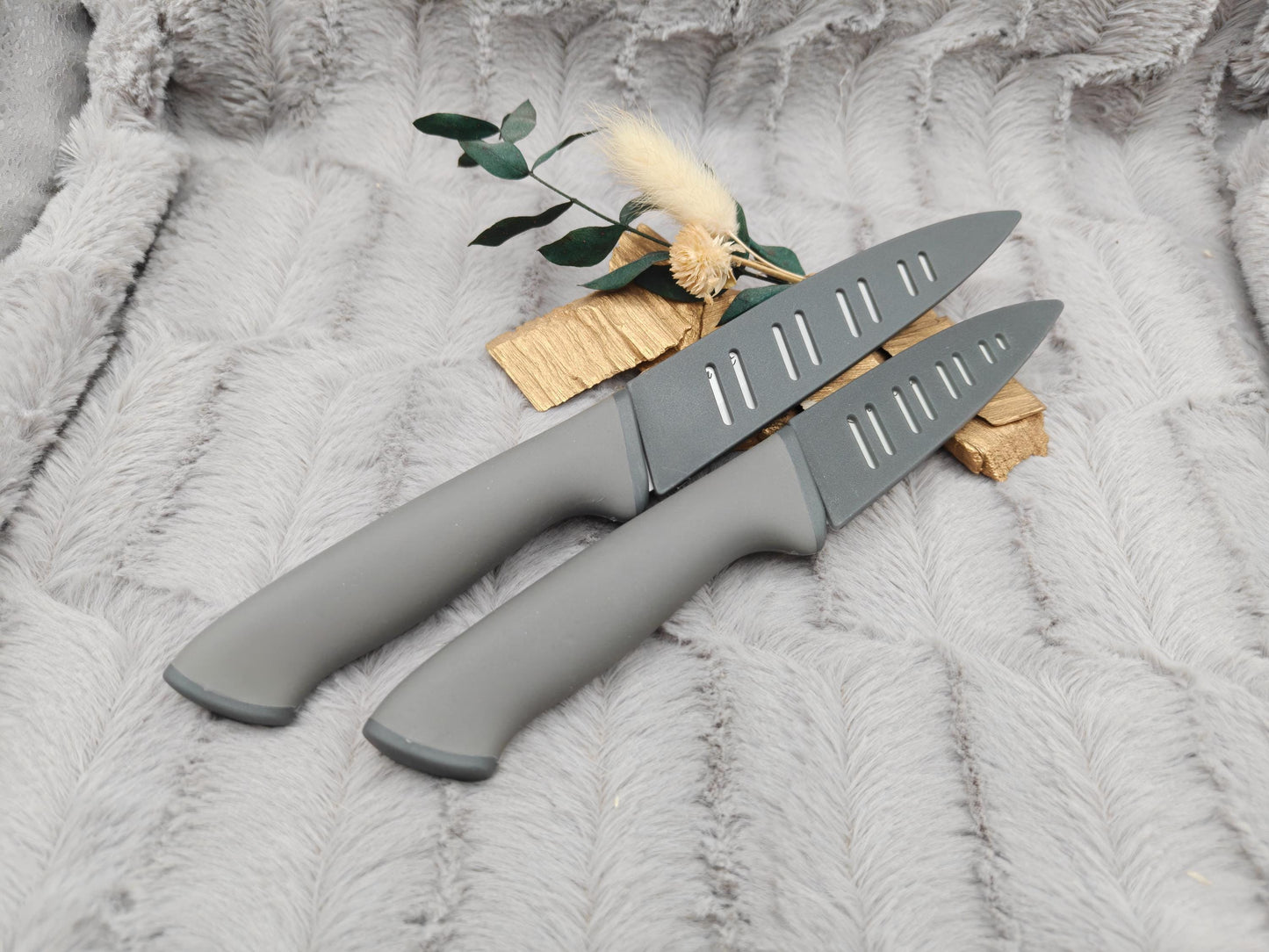 Personalisiertes Messerset 4-teilig grau mit Gravur | Kochmesser Santoku Küchenmesser Gemüsemesser | Edelstahl | Einzug & Hochzeit
