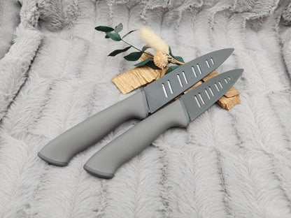 Personalisiertes Messerset 4-teilig grau mit Gravur | Kochmesser Santoku Küchenmesser Gemüsemesser | Edelstahl | Einzug & Hochzeit