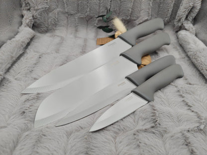 Personalisiertes Messerset 4-teilig grau mit Gravur | Kochmesser Santoku Küchenmesser Gemüsemesser | Edelstahl | Einzug & Hochzeit