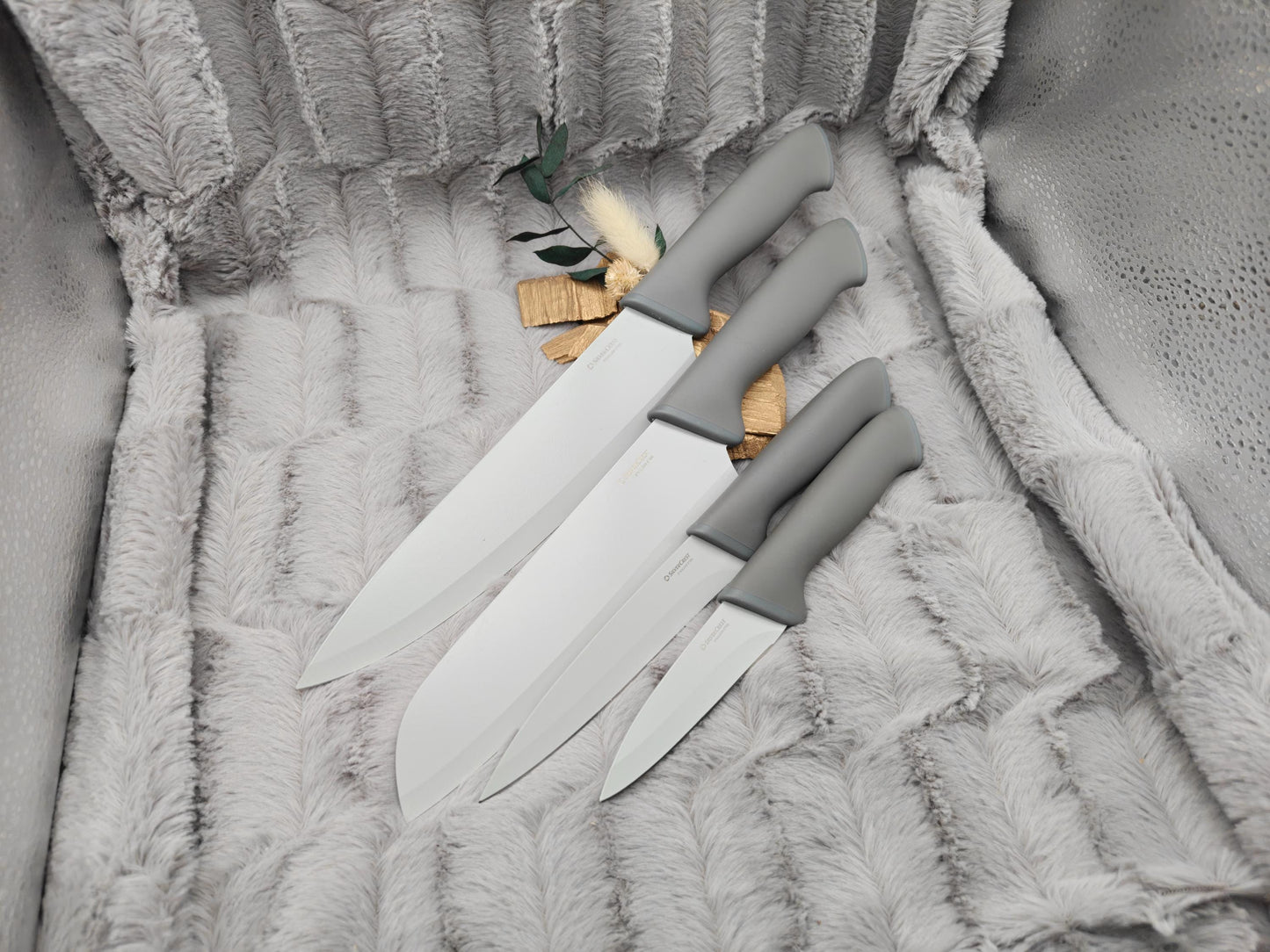 Personalisiertes Messerset 4-teilig grau mit Gravur | Kochmesser Santoku Küchenmesser Gemüsemesser | Edelstahl | Einzug & Hochzeit