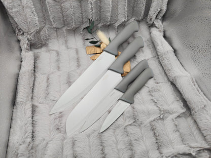 Personalisiertes Messerset 4-teilig grau mit Gravur | Kochmesser Santoku Küchenmesser Gemüsemesser | Edelstahl | Einzug & Hochzeit