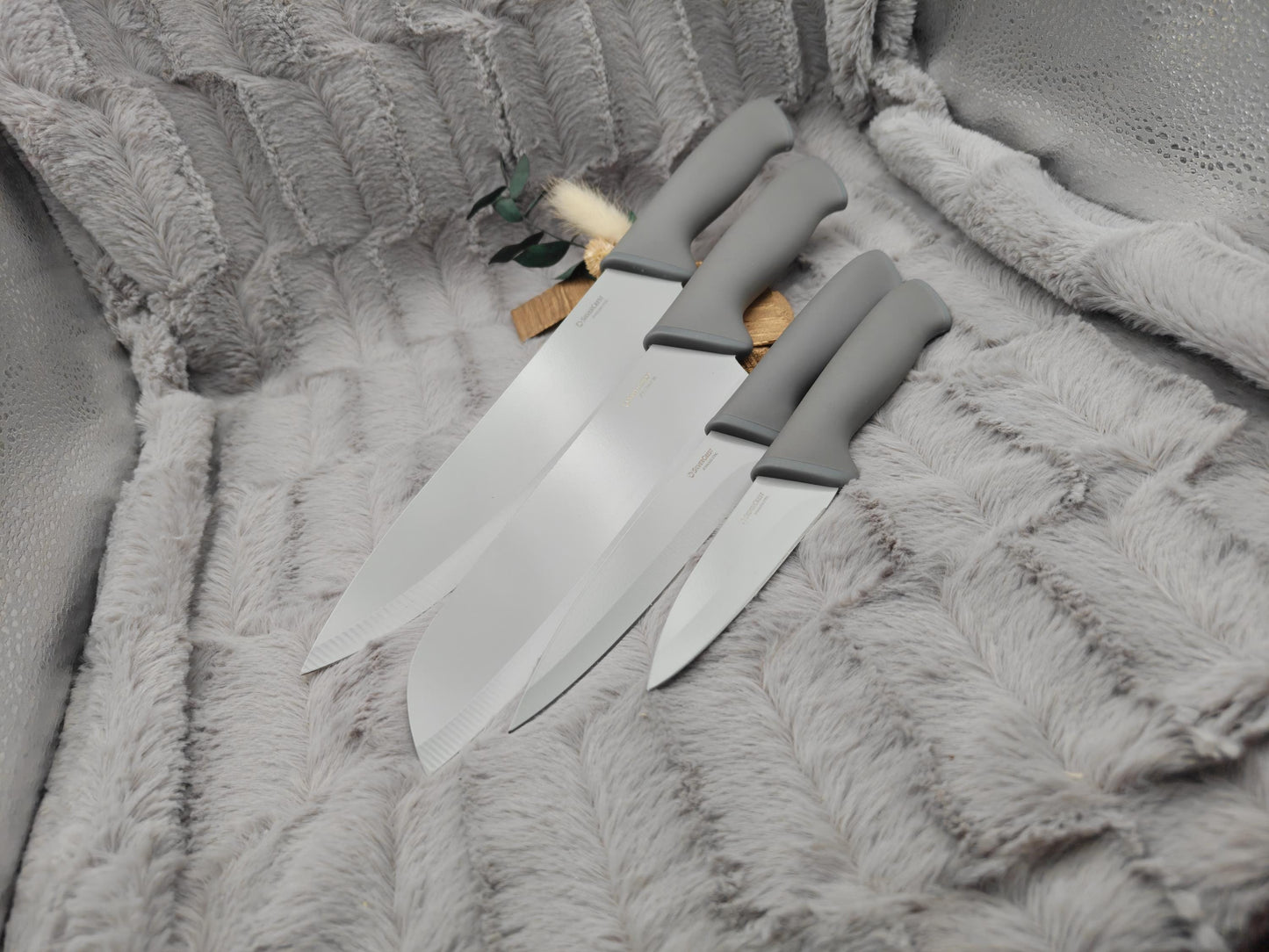 Personalisiertes Messerset 4-teilig grau mit Gravur | Kochmesser Santoku Küchenmesser Gemüsemesser | Edelstahl | Einzug & Hochzeit
