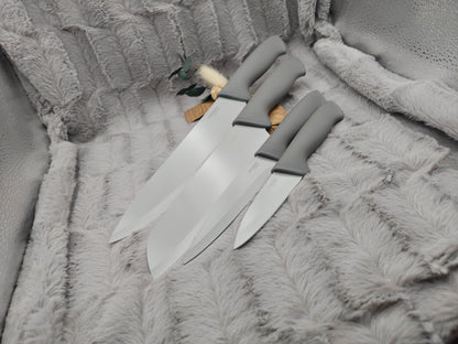 Personalisiertes Messerset 4-teilig grau mit Gravur | Kochmesser Santoku Küchenmesser Gemüsemesser | Edelstahl | Einzug & Hochzeit
