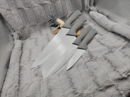 Personalisiertes Messerset 4-teilig grau mit Gravur | Kochmesser Santoku Küchenmesser Gemüsemesser | Edelstahl | Einzug & Hochzeit