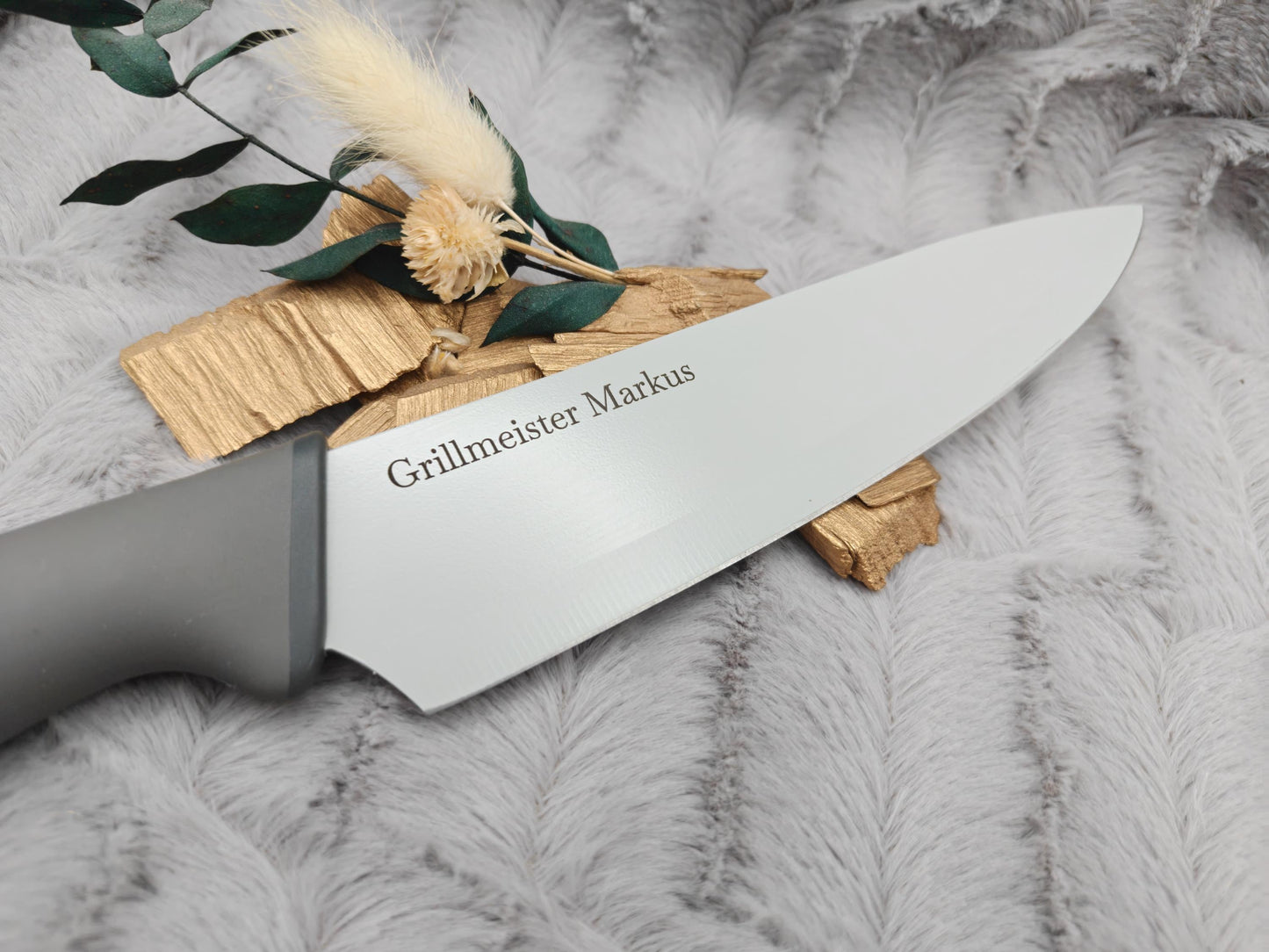 Personalisiertes Messerset 4-teilig grau mit Gravur | Kochmesser Santoku Küchenmesser Gemüsemesser | Edelstahl | Einzug & Hochzeit
